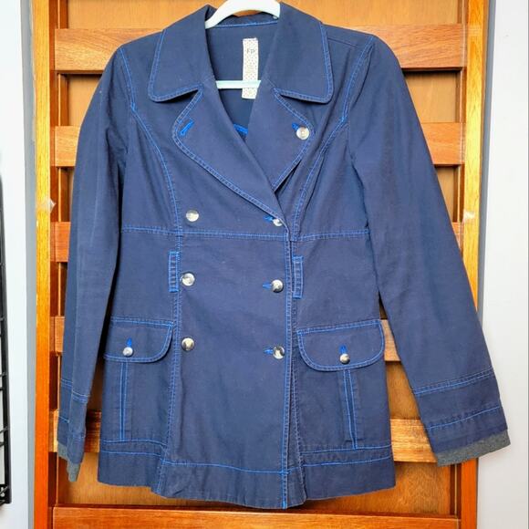 Free People Navy 6 Button Rain Jacket, Sz 6 - Picture 1 of 6
